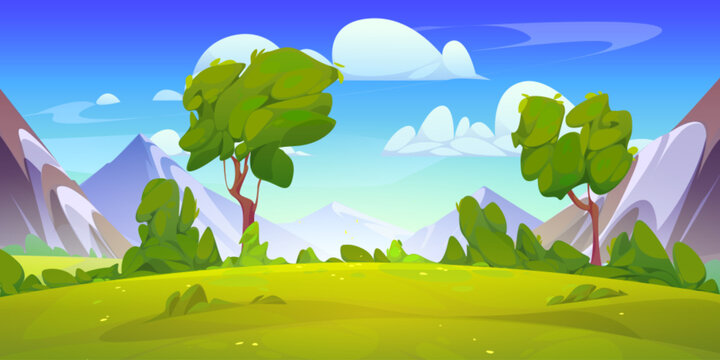 Mountain valley landscape with green meadow and clouds in sky. Summer nature scene of rocks, trees, bushes and lawn with green grass, vector cartoon illustration