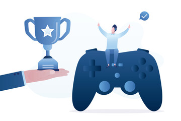 Happy gamer sitting on big joystick, hand give big winner cup. Award in e-sport tournament. Pro gamer, male character with prize. Cyber sport, online challenge, concept.