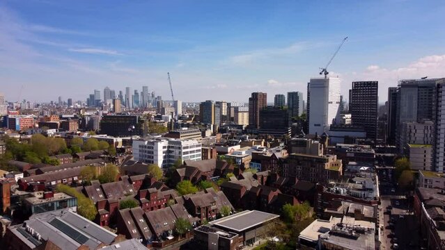 Aerial drone shot East End of London on beautiful sunny summer day