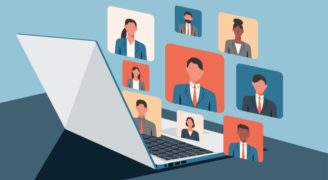 business people connecting together, meeting online with teleconference, video conference remote working on laptop computer, work from home and anywhere concept, vector flat illustration