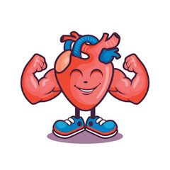 Cartoon Heart mascot with muscular hands and smile face