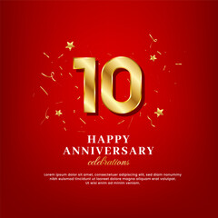 10 years of golden numbers, anniversary celebrating text, and anniversary congratulation text with golden confetti spread on a red background