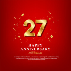 27 years of golden numbers, anniversary celebrating text, and anniversary congratulation text with golden confetti spread on a red background