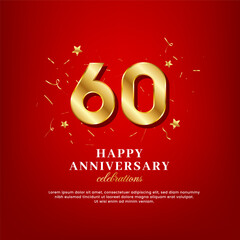 60 years of golden numbers, anniversary celebrating text, and anniversary congratulation text with golden confetti spread on a red background