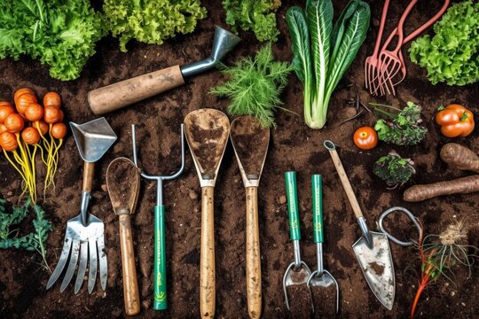 Gardening tools on fertile soil texture background seen from above, top view. Gardening or planting concept. Working in the spring garden.