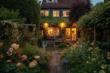 Foto op Plexiglas Summer evening on the patio of beautiful suburban house with lights in the garden garden © Lukasz