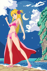 Coast bay and anime bikini girl at night