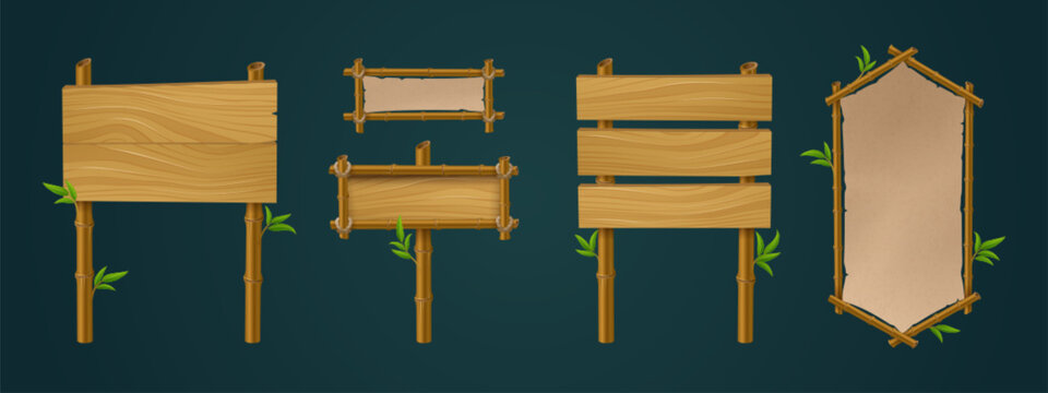 Realistic set of bamboo wood and paper boards isolated on black background. Vector illustration of square and rectangular signboard templates with blank surface for game ui design. Parchment menu