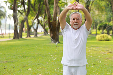 Asian senior man practice yoga excercise, tai chi tranining, stretching and meditation together with relaxation for healthy in park outdoor after retirement. Happy elderly outdoor lifestyle concept