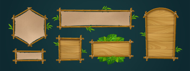 Realistic set of bamboo wood and paper signboards with tropical green leaves isolated on black background. Vector illustration of announcement, menu, map, information board templates for game ui
