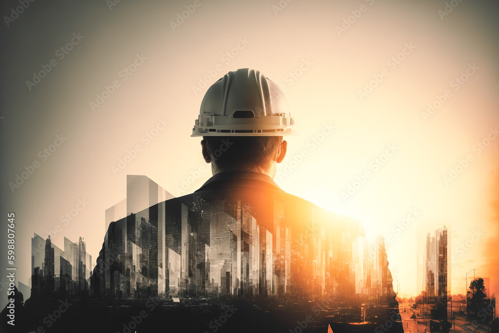Poster civil engineer portrait as concept for building construct by professional with hardhat helmet engine