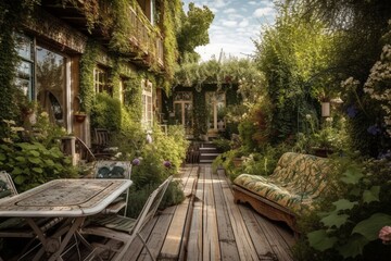 Beautiful wooden terrace with garden furniture surrounded by greenery on a warm, summer day