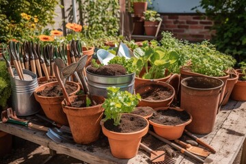 Gardening - Set Of Tools For Gardener And Flowerpots In Sunny Garden