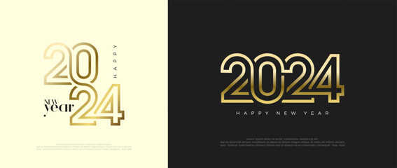 Golden number 2024 for happy new year. With luxury shiny line art numbers. Premium vector illustration for banner, poster, calendar and greeting happy new year 2024.
