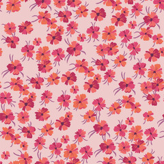 Vector seamless pattern with stylized floral motif, lots of small red flowers with purple leaves on a pink background. Hand-drawn little flowers.
