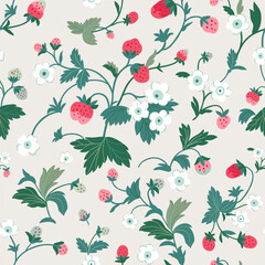 Strawberry background with flowers, wild berries, leaves. Vector seamless texture, illustration for summer cover, botanical wallpaper pattern, light beige background.