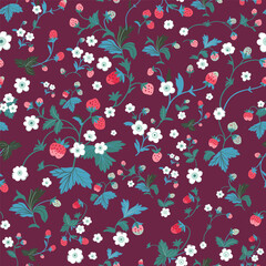 A pattern with flowers, berries and leaves of wild strawberries. Vector seamless texture illustration for summer cover, botanical wallpaper pattern, purple background.