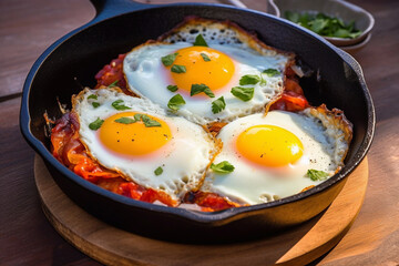 fried eggs with wholesome, spices and bacon. AI Generated