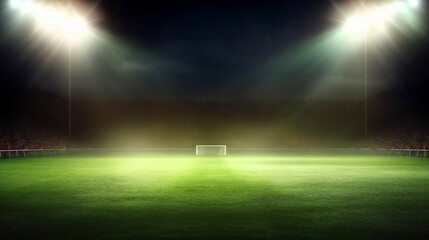A soccer field with lights that are on a dark background