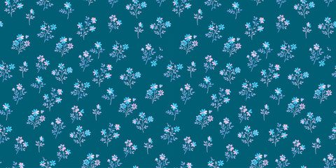 Floral pattern. Beautiful blue and pink flowers on a dark green background. Seamless vector texture. Spring bouquet.