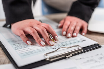 female hands filling tax form. blank empty 1040 form, deadline