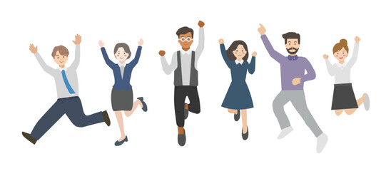 Business team success. Vector illustration of happy, jumping cartoon men and women in office outfits.