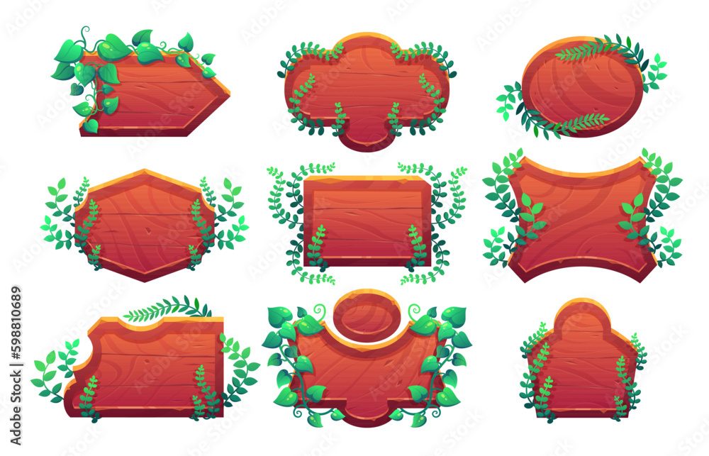 Poster jungle wooden sign board ui design. cartoon game plant frame icon set isolated for text banner templ