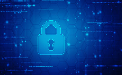 Digital Padlock on abstract technology background, Technology security concept. Modern safety digital background. Protection system, Cyber Security and safety information, personal data concept