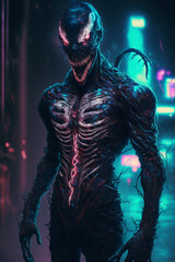 terrifying Alien monster from the multiverse, neon metaverse halloween, AI generated