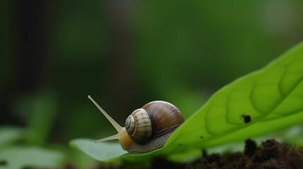 A snail on a green leaf. Generative AI