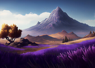 Fototapeta premium Snow-Capped Mountain Peaks Rising Above a Lush Sea of Fragrant Lavender Fields in Purple and Magenta Colors: , Basking in the Golden Glow of and Pink Touch of Nature