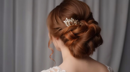 Wedding female hairstyle low beam on the head of a brown-haired girl back views on a light background.