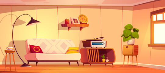 Retro style living room interior design. Vector cartoon illustration of light 80s apartment furnished with vintage couch, color cushions, floor lamp, old vinyl record player on wooden table. Cozy home