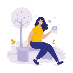 A lonely woman getting a love letter flat illustration