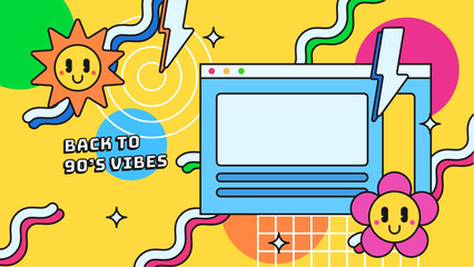 Back to 90's vibes poster, 90s retro party cartoon background