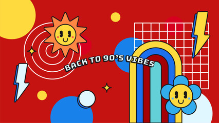 Fototapeta na wymiar 90s vibes set. Trendy 1990s elements collection. Retro technic, things, entertainment and music equipment isolated on colorful background. Back to 90s vector flat illustration