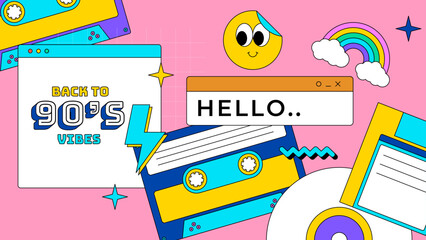 Naklejka premium vector hand drawn flat nostalgic 90's badges collection