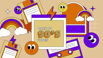 Vector 90s retro party cartoon background illustration in trendy flat style design