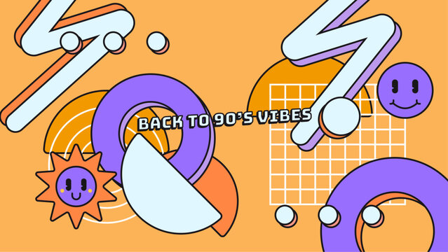 90s vibes set. Trendy 1990s elements collection. Retro technic, things, entertainment and music equipment isolated on colorful background. Back to 90s vector flat illustration