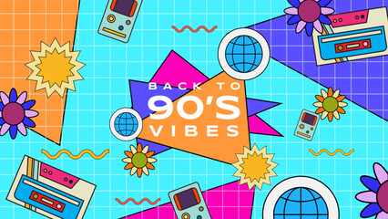 Retro square banner or card with old computer aesthetic frames for quotes, text. Vintage 70s, 80s, 90s Vibes Art. Trendy Colorful bright background with smile, geometric shapes, heart. Linear Vector