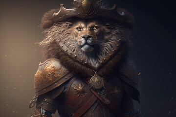 Lion in a musketeer costume on a dark background. Generative AI