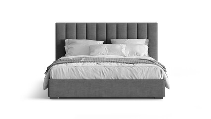 Modern double bed on isolated white background. Furniture for the modern interior, minimalist design. Textile. 