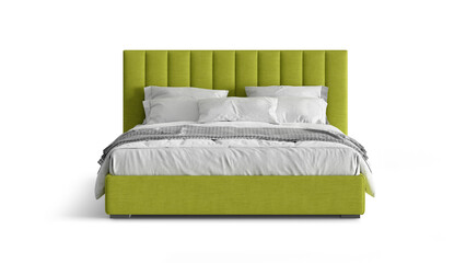 Modern double bed on isolated white background. Furniture for the modern interior, minimalist design. Textile. 