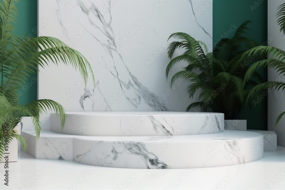 Poster creative green up color marble design mock podium space leaf platform. generative ai. generative ai
