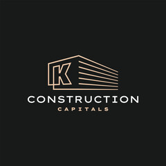 K Letter Construction 3D Perspective Gold Outline Logo Vector Icon Illustration