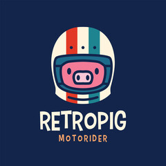 Piggy Helmet Retro Pig Moto Rider Cartoon Mascot Character Logo Vector Icon Illustration
