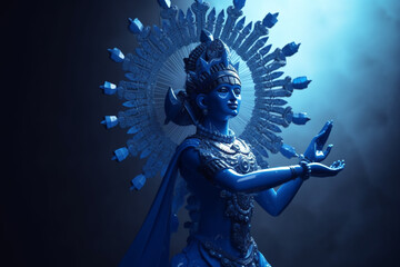 Culture and religious concept. God Krishna sculpture. Blue colored. Copy space. generative AI - obrazy, fototapety, plakaty