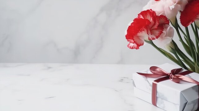 Concept of Mother's day holiday greeting gift with carnation bouquet on white marble background, Generative AI