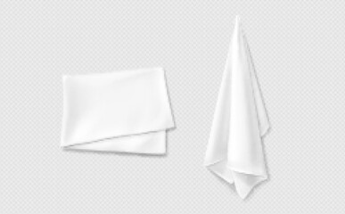 3d white mockup of kitchen towel vector design. Realistic fabric clean and folded handkerchief for restaurant or hotel isolated on transparent background. Dry absorbent cloth cover to hang linen set - obrazy, fototapety, plakaty