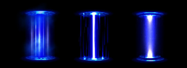 Circle hologram game portal with hud light effect. Futuristic technology magic podium for ui fantasy interface. Neon led glow stage with blue laser round and glitter teleport funnel illustration set © klyaksun